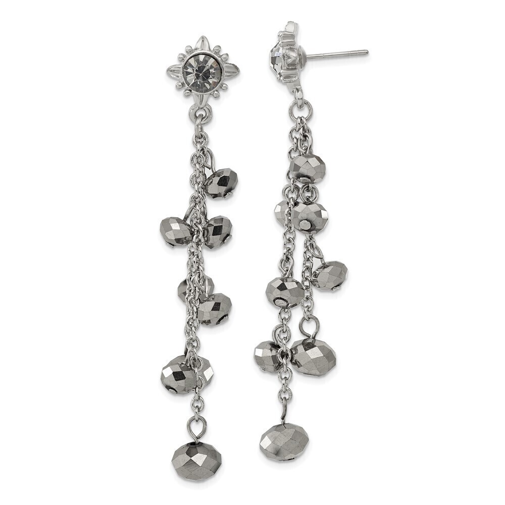 1928 Hematite Glass Stone and Faceted Beads Cluster Long Dangle Post Earrings